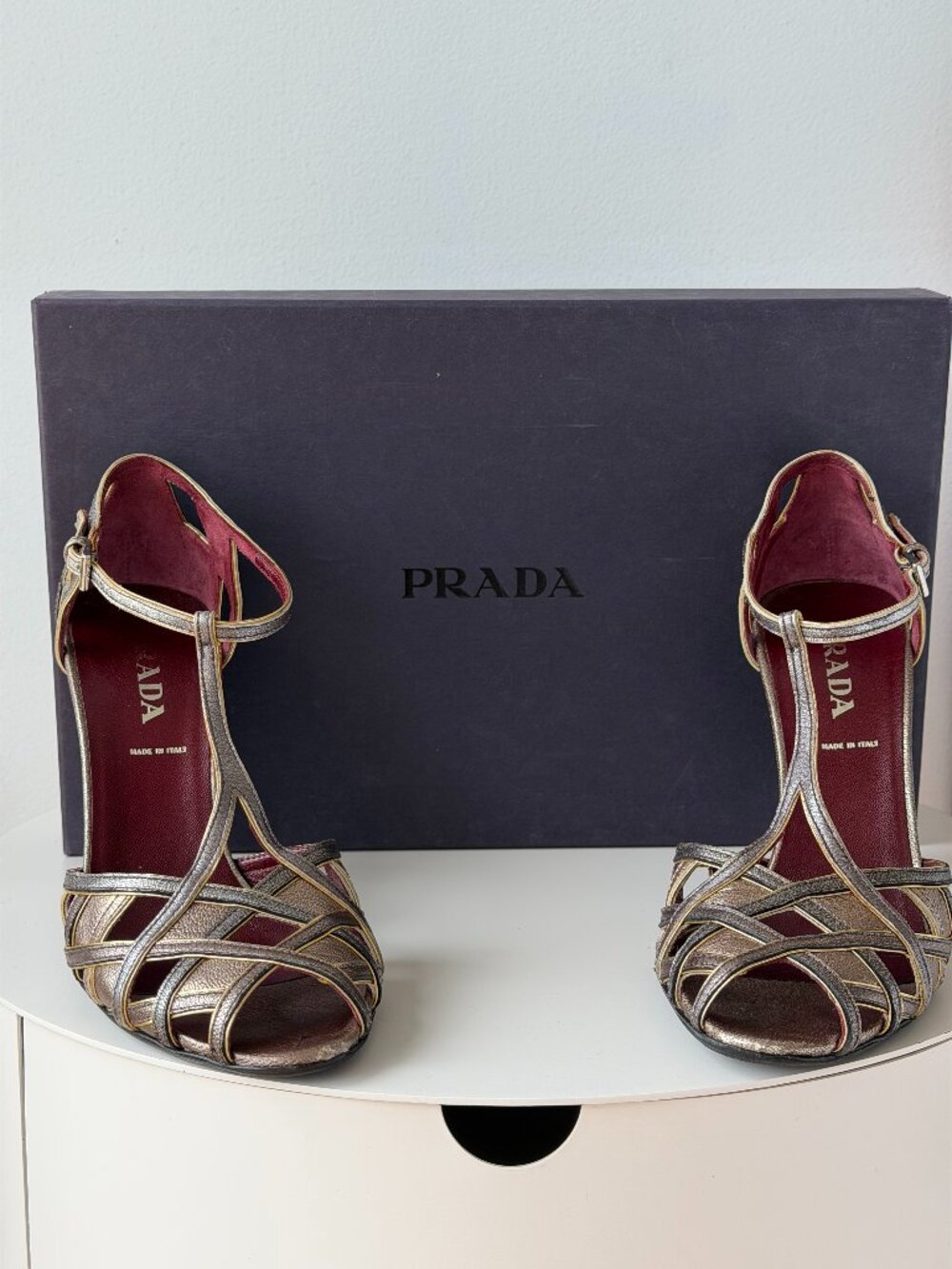 Vintage Prada T-Strap Mixed Metallic Weave Heels / Size 7.5